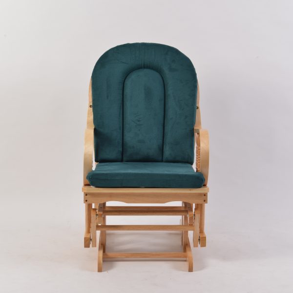 Green Upholstered Nursery Glider Chair Wooden nursery glider chair with green patterned upholstery and matching ottoman