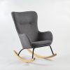 Gray upholstered wingback nursery rocking chair angled view