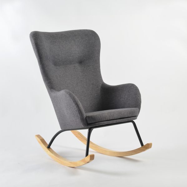 Gray upholstered wingback nursery rocking chair angled view