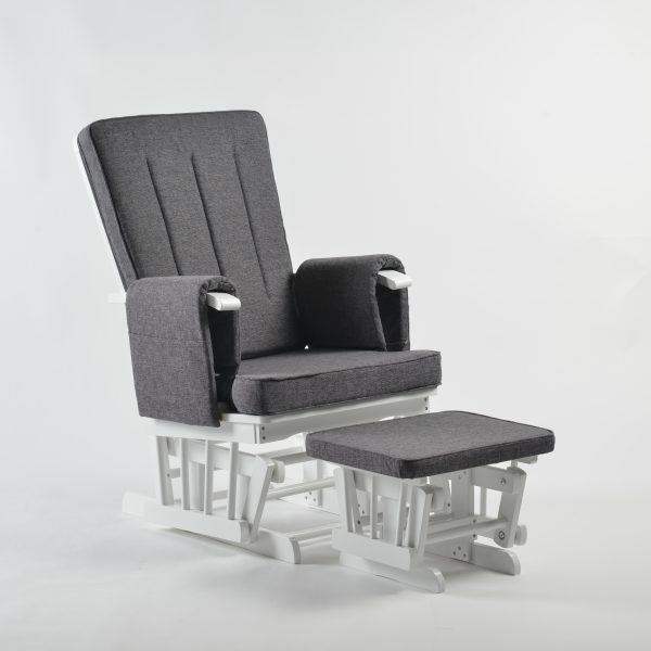 Wooden Nursery Glider Chair with Ottoman Natural wood nursery glider chair with beige upholstery and ottoman
