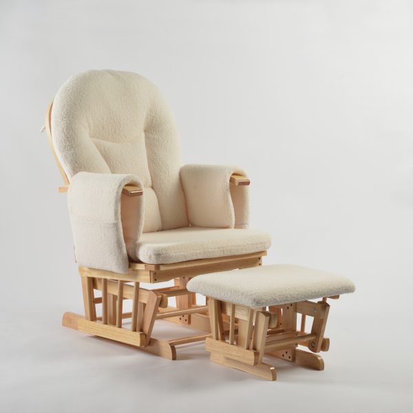 Cream Wooden Nursery Glider with Ottoman Natural wooden nursery glider chair with cream cushions and matching ottoman