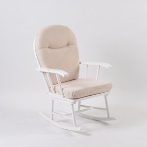 Modern adult rocking chair with white upholstered cushion and wooden frame