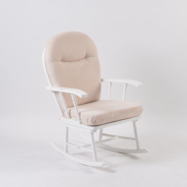 Modern adult rocking chair with white upholstered cushion and wooden frame