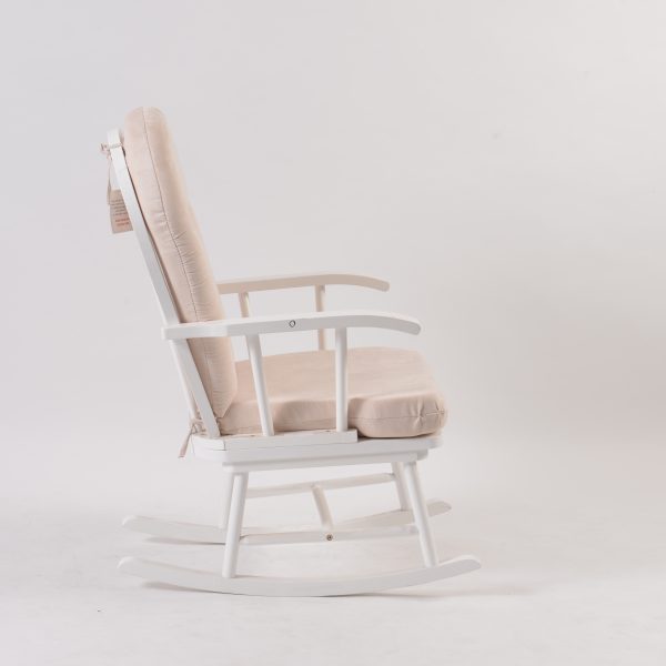 Custom upholstered rocking chair available in different fabric colors and finishes