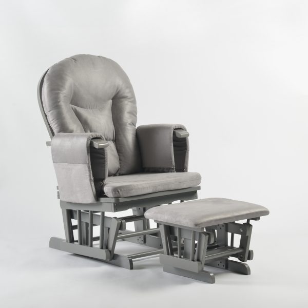 Gray High Back Nursery Glider Chair Gray padded nursery glider chair with white frame and matching ottoman