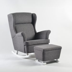 Gray Wingback Nursery Glider with Ottoman Gray wingback nursery glider with matching ottoman angled view
