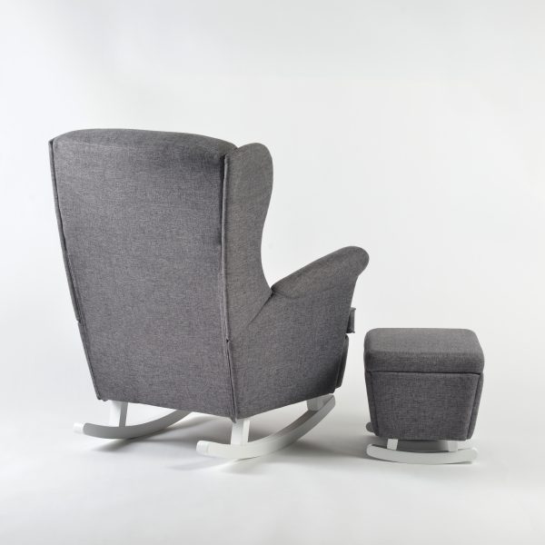 Back view of gray wingback nursery glider and matching ottoman