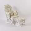 Blue floral nursery glider chair with white wooden frame and ottoman