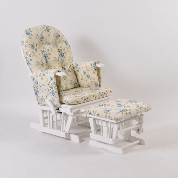 Blue floral nursery glider chair with white wooden frame and ottoman