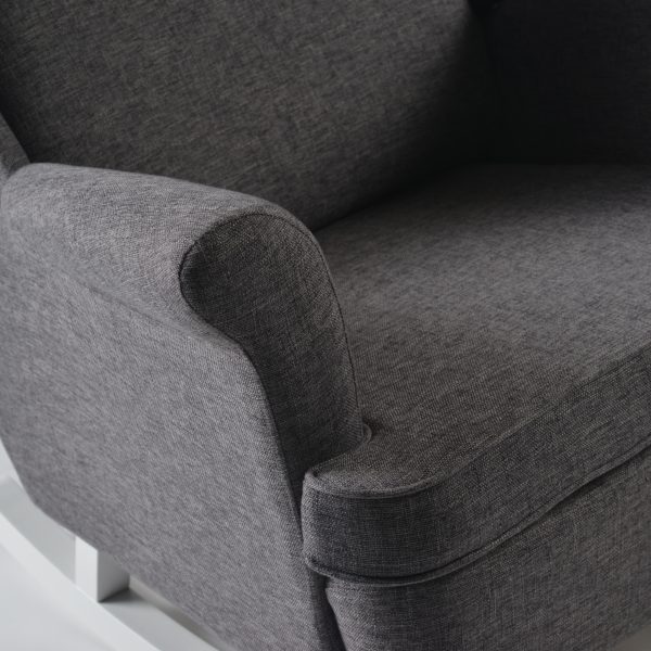 Gray upholstered gliding ottoman with white wooden base
