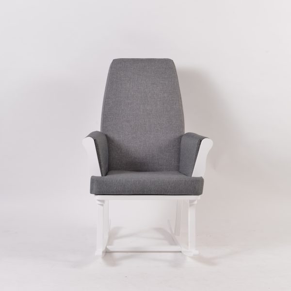 Nursing Glider Rocking Chair with high upholstered back and white wood frame