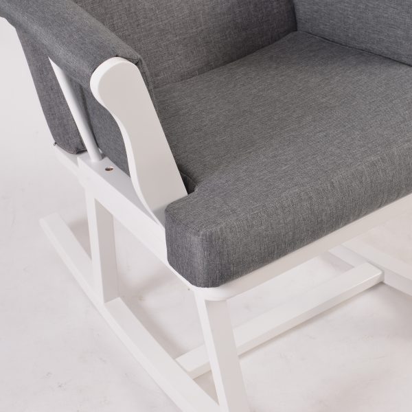 Close-up of padded armrest on Nursing Glider Rocking Chair with white wood frame