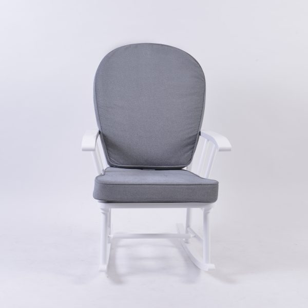 Front view of white wooden nursery rocking chair with gray cushions