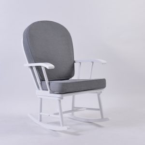 White Wooden Nursery Rocking Chair with Gray Cushions White wooden nursery rocking chair with gray upholstered cushions