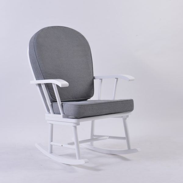 White wooden nursery rocking chair with gray upholstered cushions