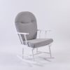 Gray upholstered adult rocking chair with comfortable padded seat and wooden rocking base
