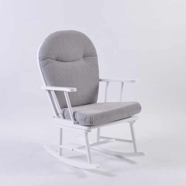 Gray upholstered adult rocking chair with comfortable padded seat and wooden rocking base