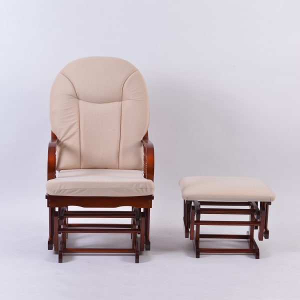 Wooden nursery glider with matching padded ottoman, front view