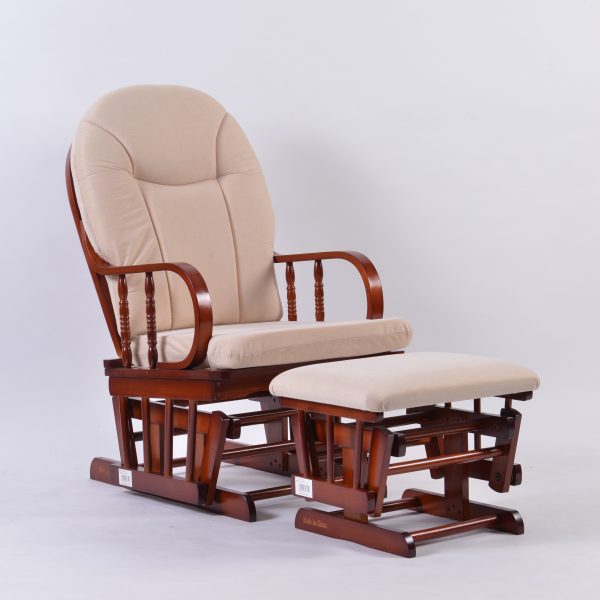 Wooden nursing glider chair and ottoman with padded high back and seat