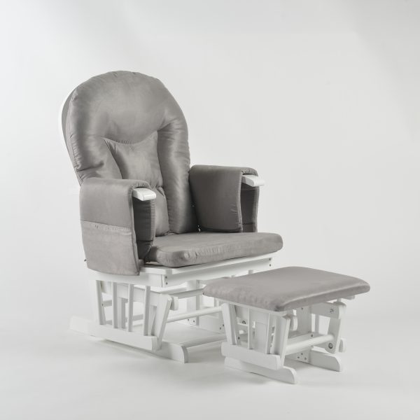 Gray Padded Wooden Nursery Glider Gray padded wooden nursery glider chair with coordinated ottoman