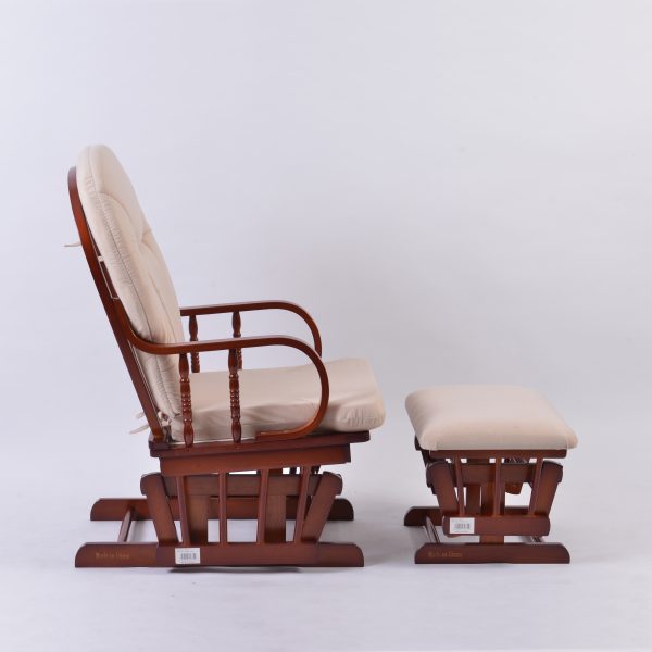 Side view of wooden nursery glider chair with matching gliding ottoman