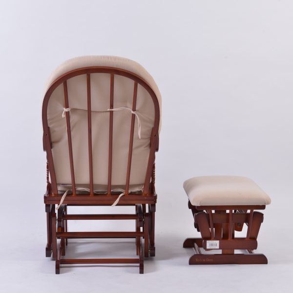 Rear view of classic wooden nursery glider and matching ottoman