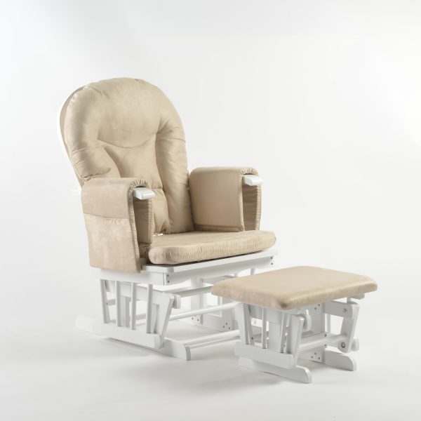 Textured Nursery Glider Chair with Ottoman Wooden nursery glider chair with cream textured upholstery and matching ottoman