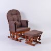 Brown nursery glider chair with dark wooden frame and matching ottoman