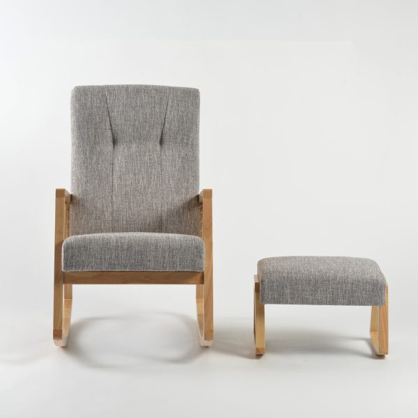 Gray Rattan Nursery Rocking Chair – Front View Front view of gray rattan nursery rocking chair with matching footstool