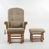 Wooden Glider Chair with Ottoman – Front View Front view of wooden glider chair with ottoman, natural wood frame and padded high back