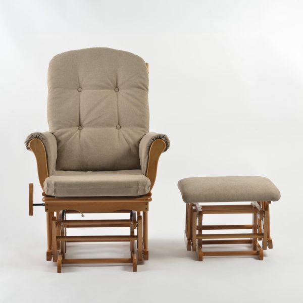 Wooden Glider Chair with Ottoman – Front View Front view of wooden glider chair with ottoman, natural wood frame and padded high back