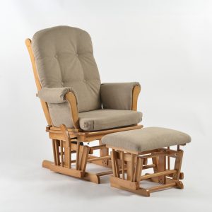 Classic Wooden Glider Chair with Ottoman – Angled View Wooden glider chair with ottoman featuring natural wood frame and button-tufted back cushion