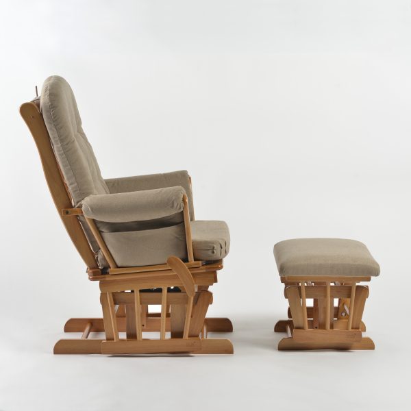 Wooden Nursery Glider Chair – Side View Side view of wooden nursery glider chair with padded armrests and matching ottoman