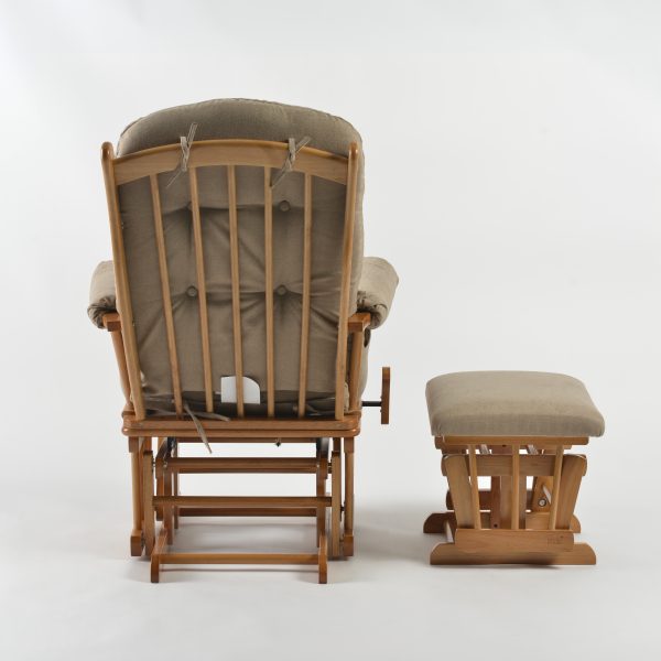 Wooden Nursery Glider – Rear View Rear view of wooden nursery glider showing exposed wood back frame and matching ottoman