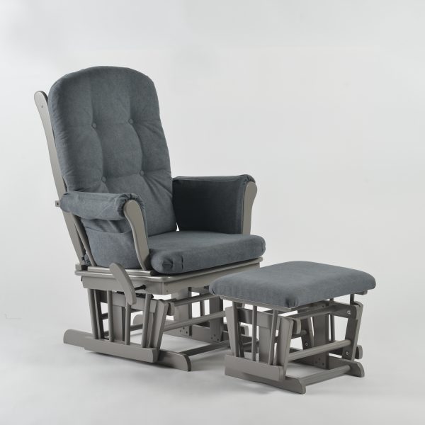 Gray Wooden Glider Chair with Ottoman – Angled View Angled view of gray wooden glider chair with dark padded upholstery and matching ottoman