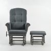 Gray Nursery Glider with Ottoman – Front View Front view of gray nursery glider with button-tufted high back and matching padded ottoman