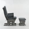 Gray Wooden Nursery Glider Chair – Side View Side view of gray wooden nursery glider chair with cushioned armrests and matching ottoman