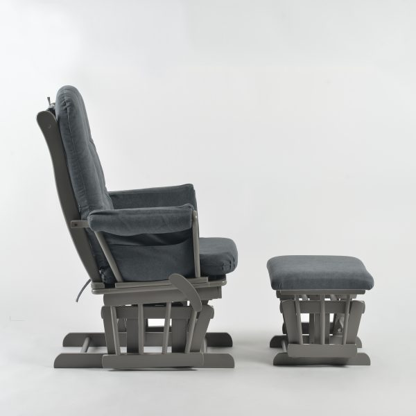 Gray Wooden Nursery Glider Chair – Side View Side view of gray wooden nursery glider chair with cushioned armrests and matching ottoman