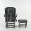 Gray Nursery Glider Chair – Rear View Rear view of gray nursery glider chair showing wooden back frame and matching ottoman
