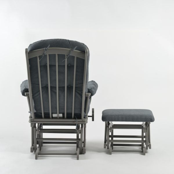 Gray Nursery Glider Chair – Rear View Rear view of gray nursery glider chair showing wooden back frame and matching ottoman