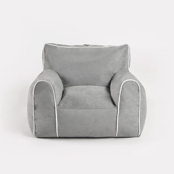Soft Kids Bean Bag Chair – Front View Front view of grey Kids Bean Bag Chair with padded armrests, cushioned seat and white piping