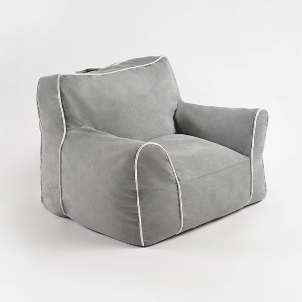 Grey Kids Bean Bag Chair – Angled View Angled view of soft grey kids bean bag chair with supportive backrest and wide cushioned seat