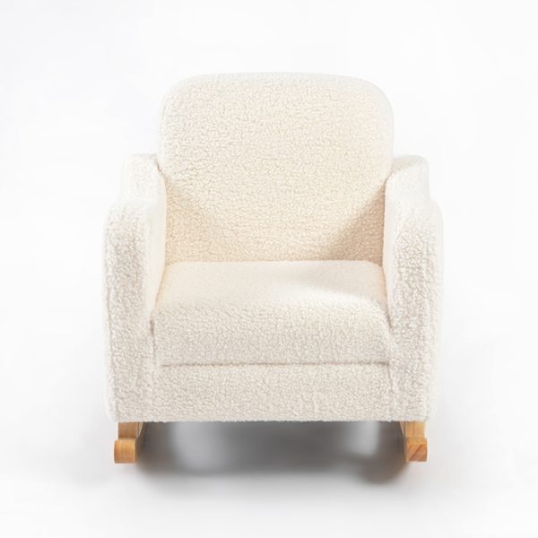 Boucle Kids Sofa Rocking Chair – Front View Front view of cream boucle Kids Sofa Rocking Chair with padded armrests and natural wooden rockers