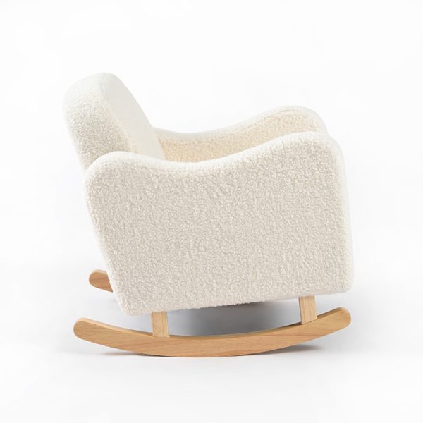 Kids Sofa Rocking Chair with Wooden Rockers – Side View Side view of upholstered kids sofa rocking chair showing curved wooden rocker base and padded armrests