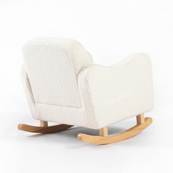 Boucle Kids Rocking Chair – Rear View Rear view of cream boucle kids rocking chair showing upholstered backrest and wooden rocker base