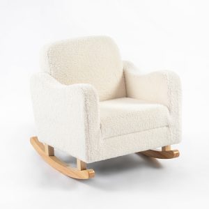 Cream boucle Kids Sofa Rocking Chair with cushioned seat, supportive backrest and natural wooden rockers