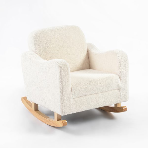 Cream Boucle Kids Sofa Rocking Chair – Angled View Cream boucle Kids Sofa Rocking Chair with cushioned seat, supportive backrest and natural wooden rockers