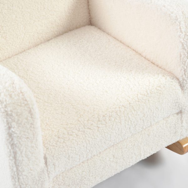 Kids Sofa Rocking Chair – Boucle Upholstery Detail Close-up of soft cream boucle upholstery on the padded backrest and armrest of kids rocking chair