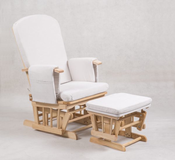 Natural wood nursery glider chair with ottoman and white cushions Natural Wood Nursery Glider Chair with Ottoman