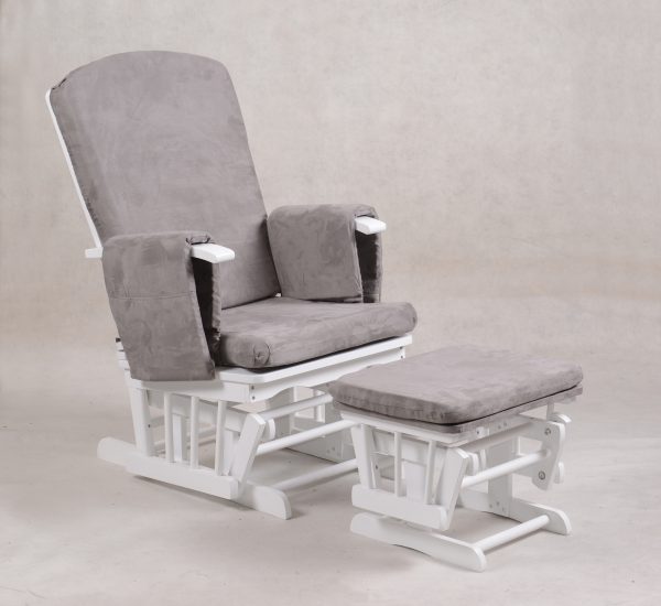 Grey upholstered nursery glider chair and matching ottoman Grey Nursery Glider Chair and Ottoman